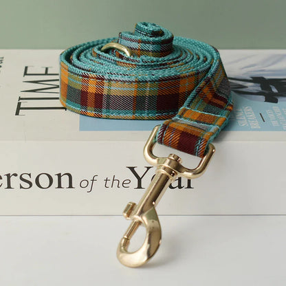 Heather green tartan pet leash from the Handmade Tartan Tails Collection, featuring an engravable design and luxury pet accessory style.