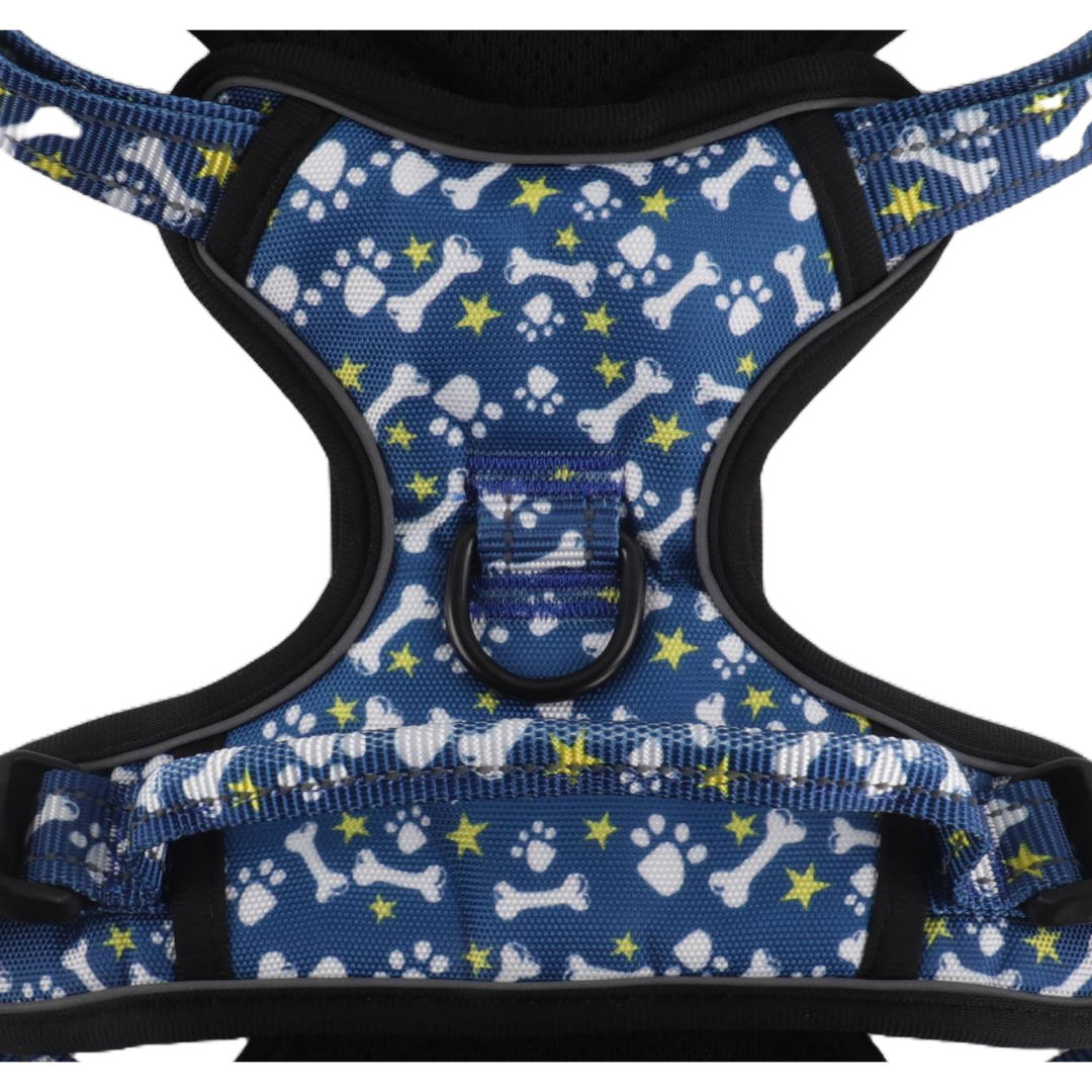 Snazzy Pooch no-pull dog harness with paws and bones pattern.
