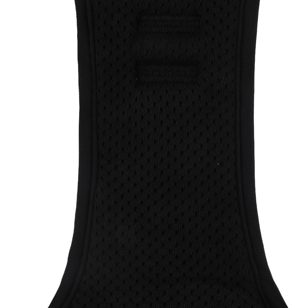 Padded slip-on pet harness in black neoprene with peppermint detailing.