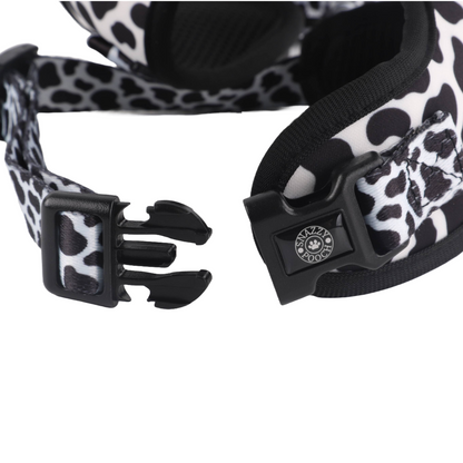 Close-up of a Snazzy Pooch dog collar with a black and white dalmatian print.