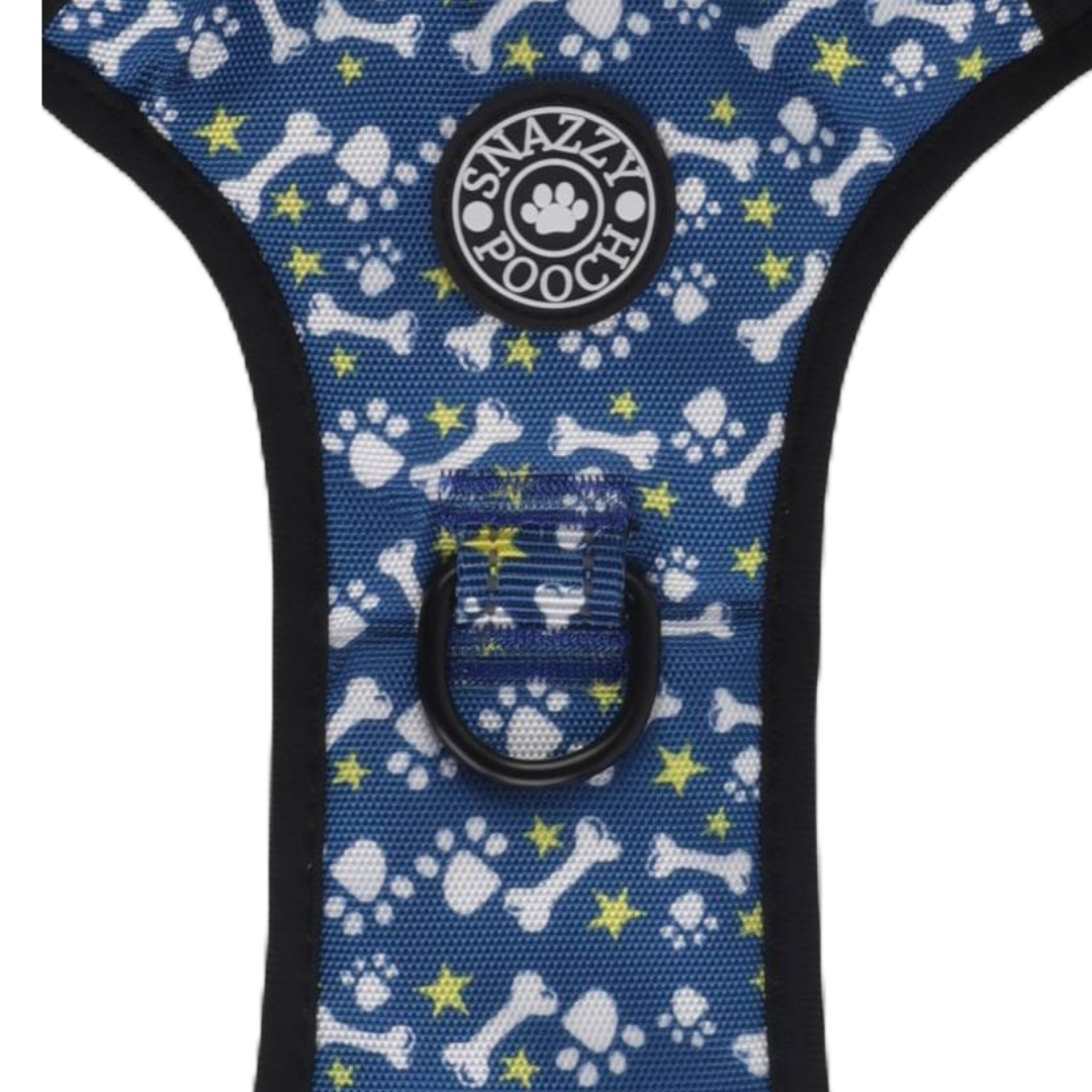 Snazzy Pooch no-pull active harness with paws and bones pattern, featuring a front clip training ring, reflective stitching, and locking buckles; ideal for dogs.