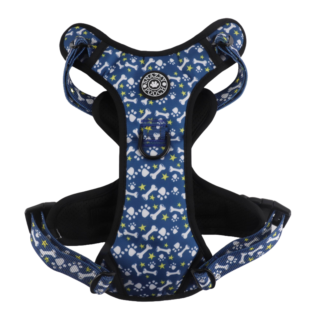 No-pull active dog harness with paws and bones design by Snazzy Pooch.