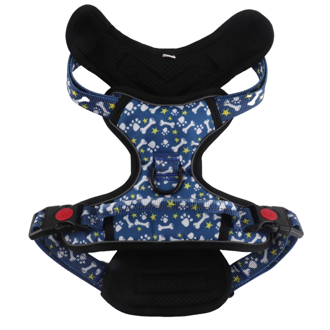 Snazzy Pooch no-pull active harness with paws and bones design.