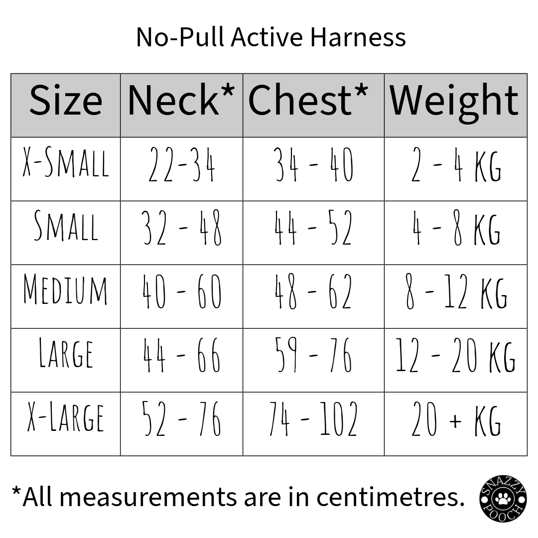 Size chart for a no-pull active harness in centimeters.