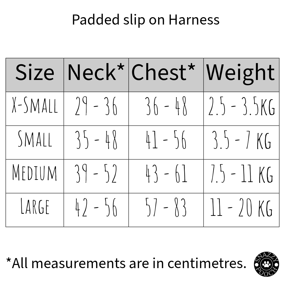 Dog harness size chart in centimeters.