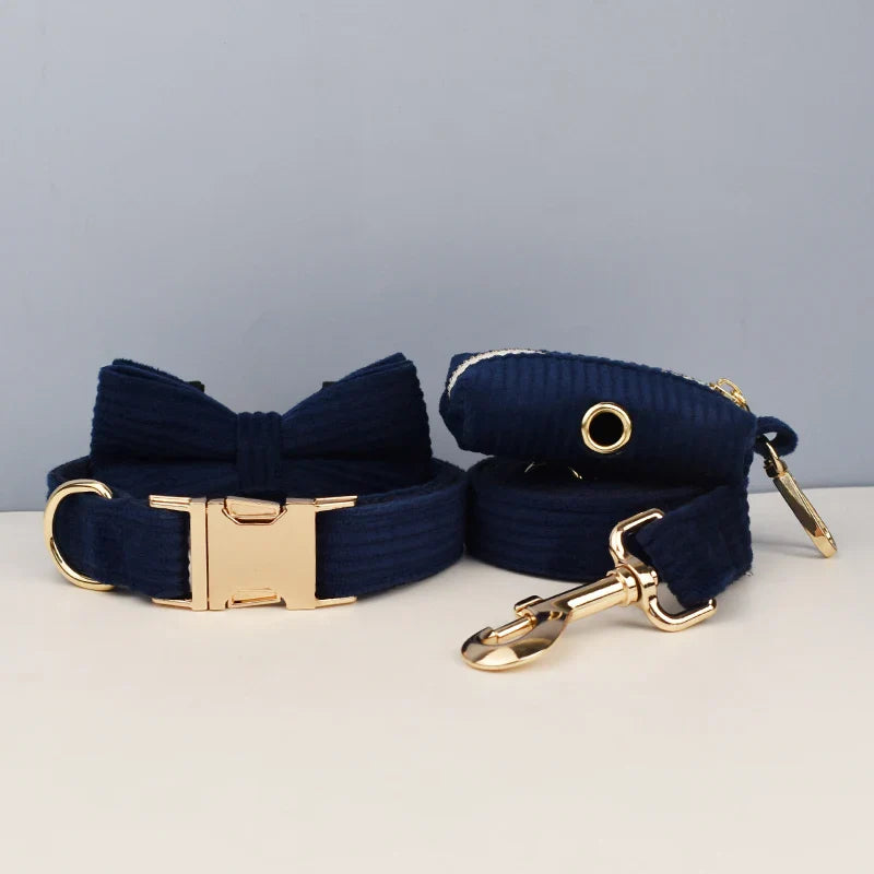 Luxury Midnight Blue Pet Accessories in Handmade Corduroy Fabric with Bowtie and Gold Hardware.