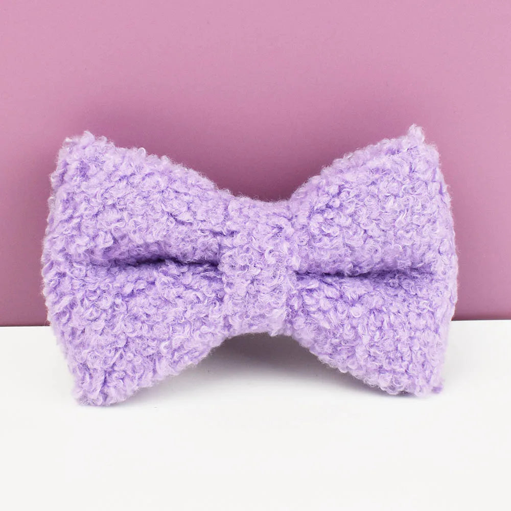 Lilac teddy fabric bowtie from the Handmade Teddy Fabric Collection, luxury pet accessory.
