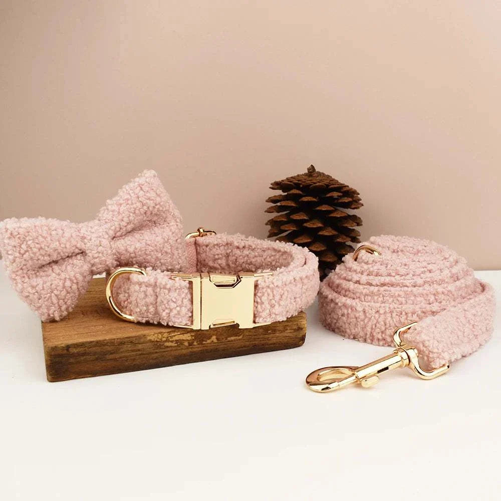 Handmade pink teddy fabric pet accessories set with engravable collar, lead, and bowtie; customizable options.