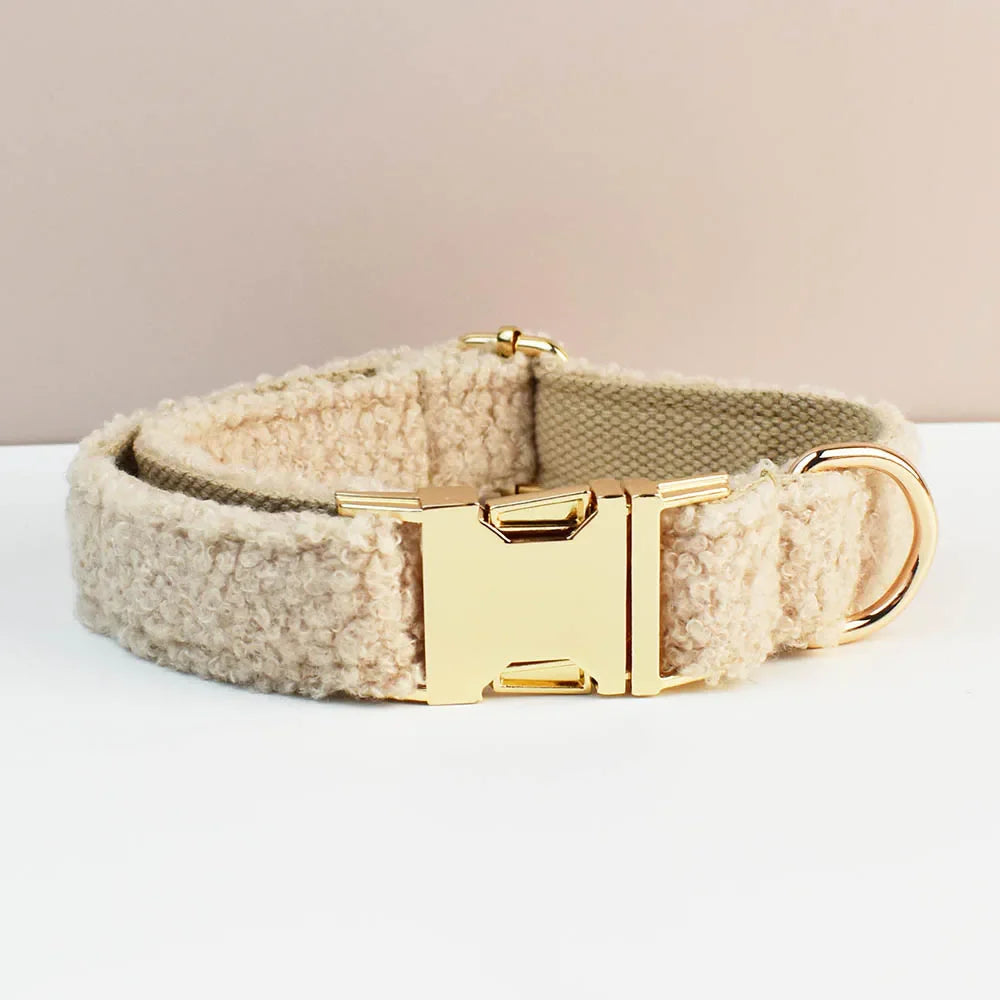 Luxury handmade beige teddy fabric dog collar with gold buckle, offering comfort and style.