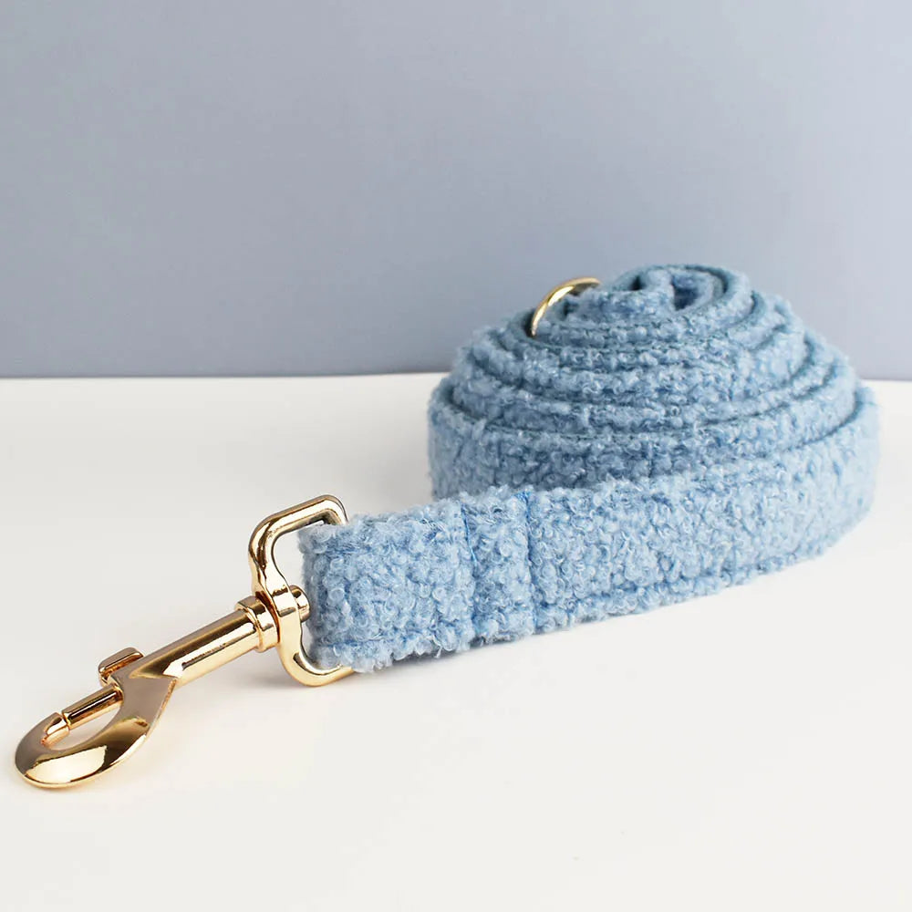 Handmade Teddy Fabric dog leash in pastel blue with gold hardware.