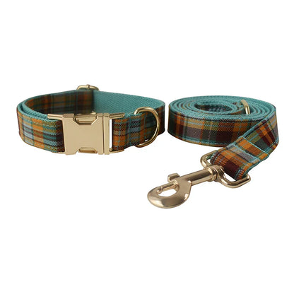 Handmade tartan pet leash in heather green with engravable options and quick release buckle.