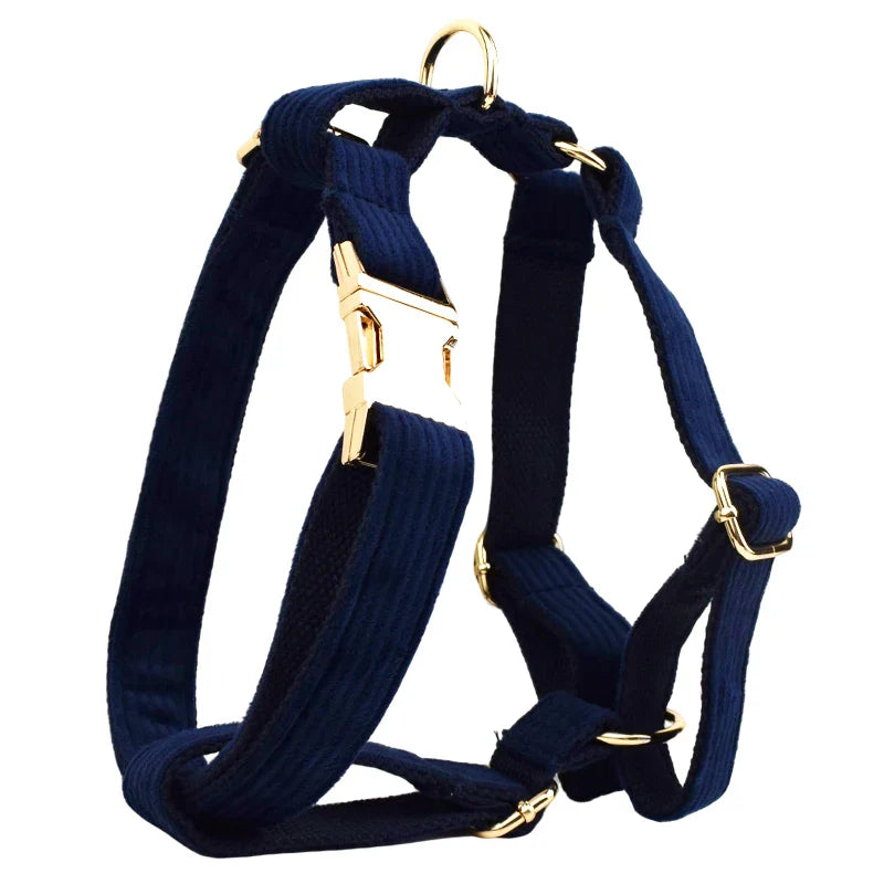 Luxury handmade corduroy fabric dog harness in midnight blue with gold hardware.