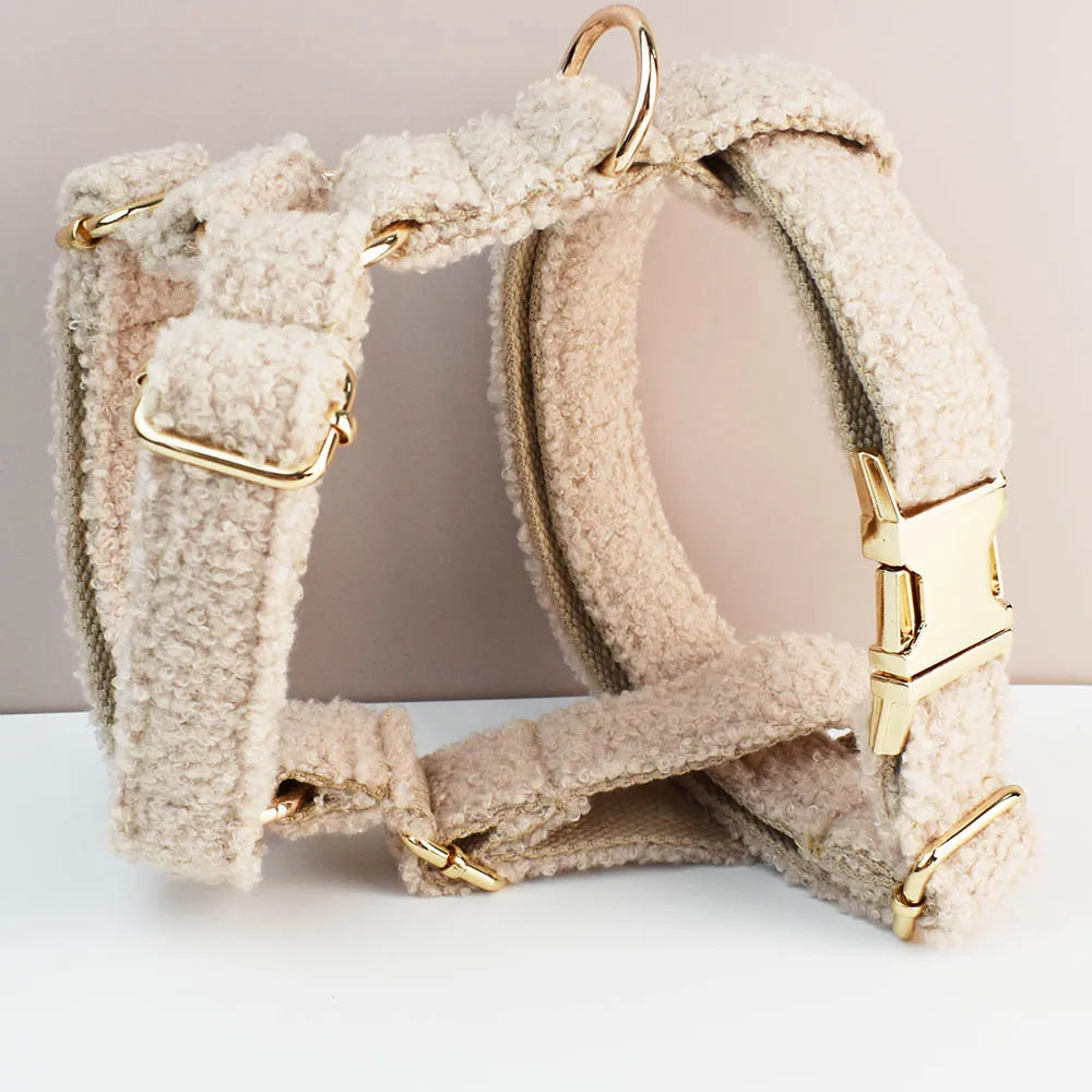 Beige teddy fabric dog harness with gold hardware, part of the handmade luxury pet accessory collection.