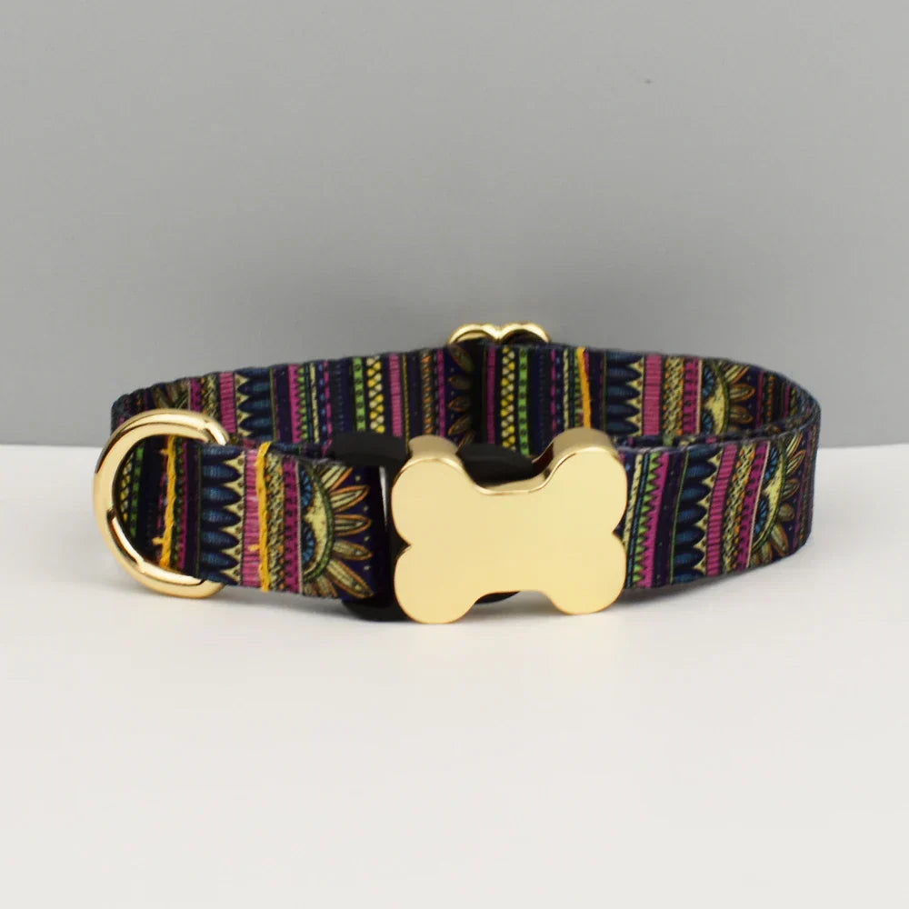 Ethnic style dog collar with custom engraved nameplate, breakaway feature, and quick release clasp.