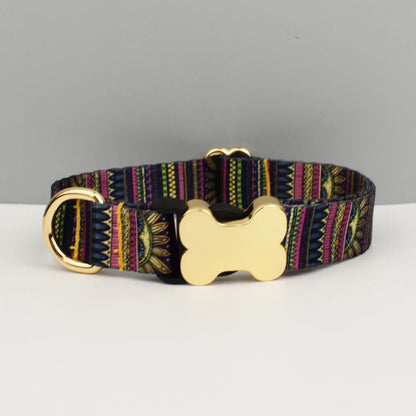 Ethnic style dog collar with custom engraved nameplate, breakaway feature, and quick release clasp.