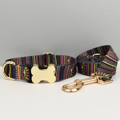 Ethnic style dog collar with custom engraved nameplate and quick release feature for small to large dogs.