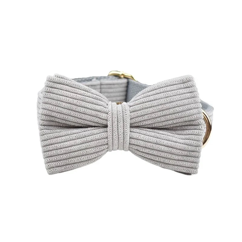 Light grey corduroy bowtie collar for dogs with gold metal hardware.