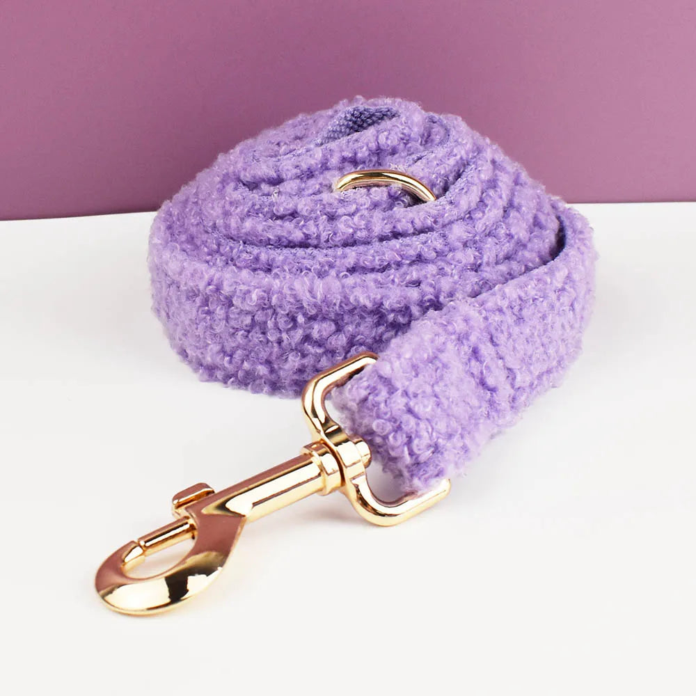 Lilac handmade teddy fabric pet leash with gold hardware.