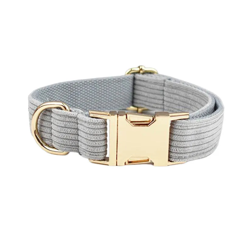 Luxury light grey corduroy pet collar with gold metal buckle and D-ring.