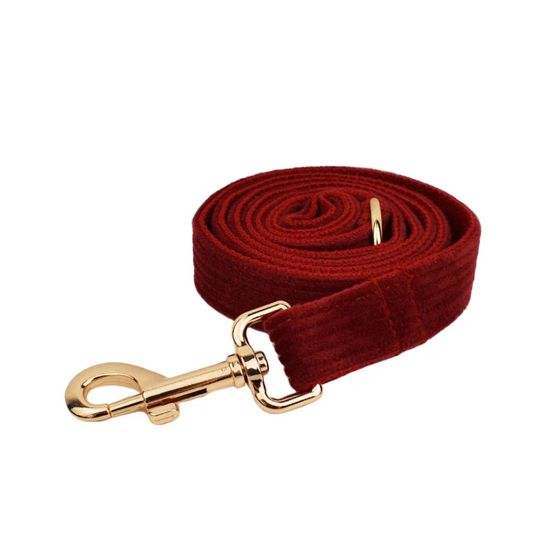 Red handmade corduroy fabric pet lead with gold hardware.