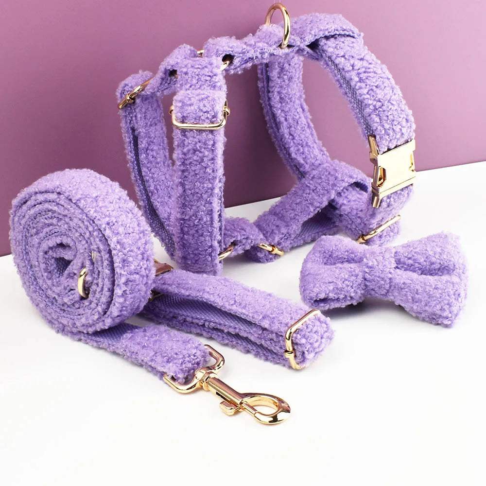 Lilac handmade teddy fabric pet accessories set including harness, collar, lead, and bowtie, with engravable personalization options.