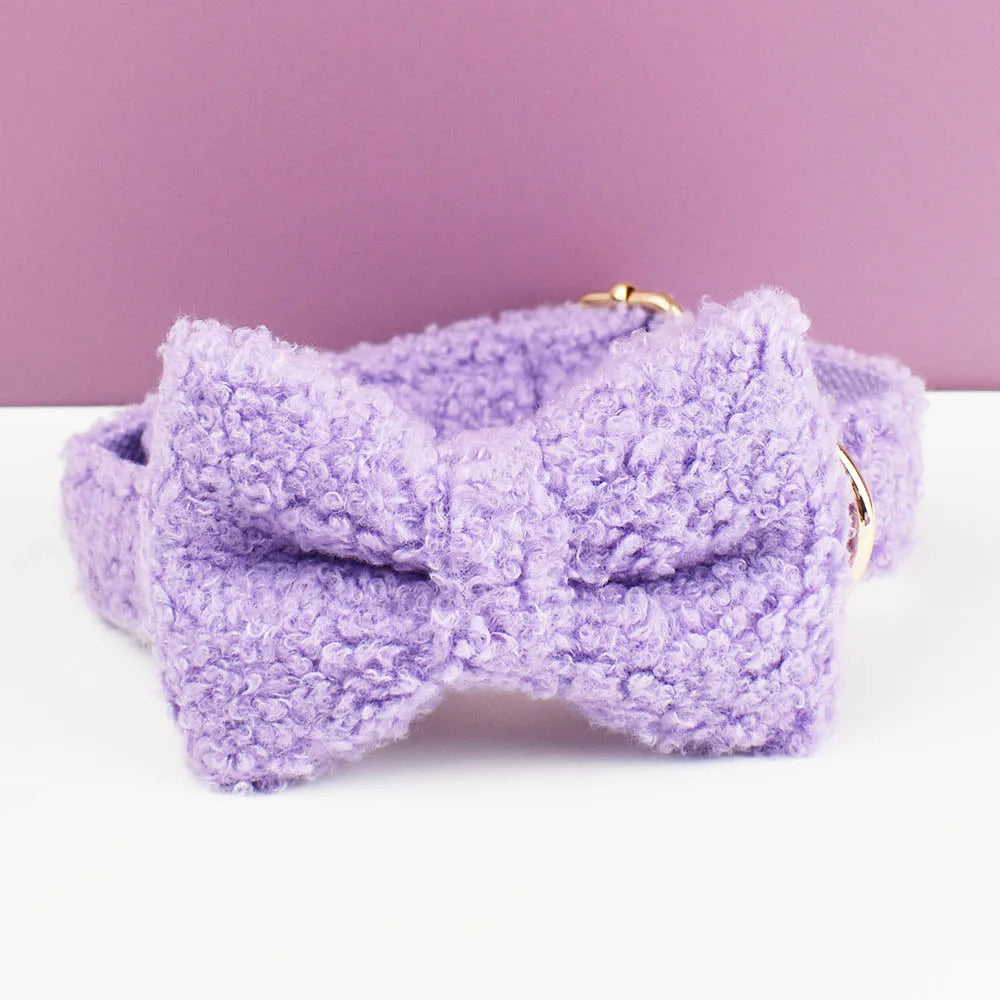 Lilac handmade teddy fabric dog collar with bowtie and gold hardware.