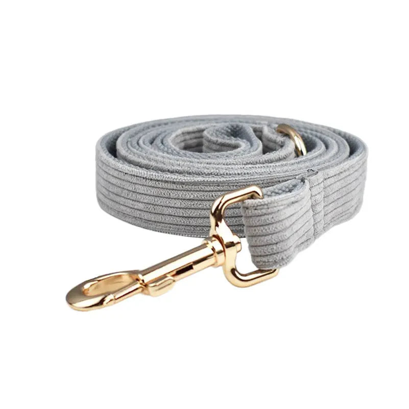 Light grey corduroy dog lead with luxury gold hardware.