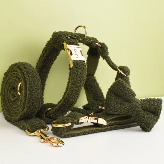 Luxury forest green teddy fabric pet accessories set, including harness, collar, lead, and bowtie; engravable and handmade for ultimate comfort.