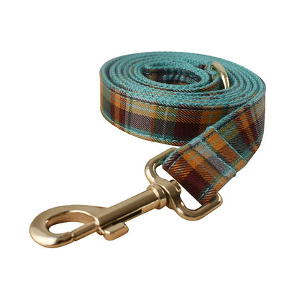 Handmade Tartan Tails Collection, Heather Green, luxury grid pet leash with engravable feature.