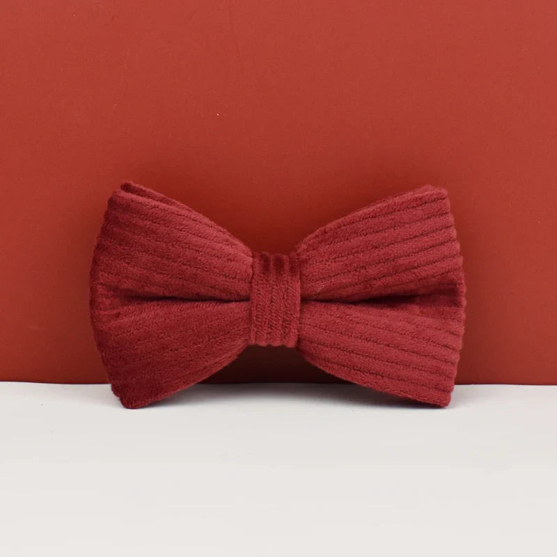Luxurious handmade red corduroy bowtie for pets, part of the engravable Corduroy Fabric Collection.