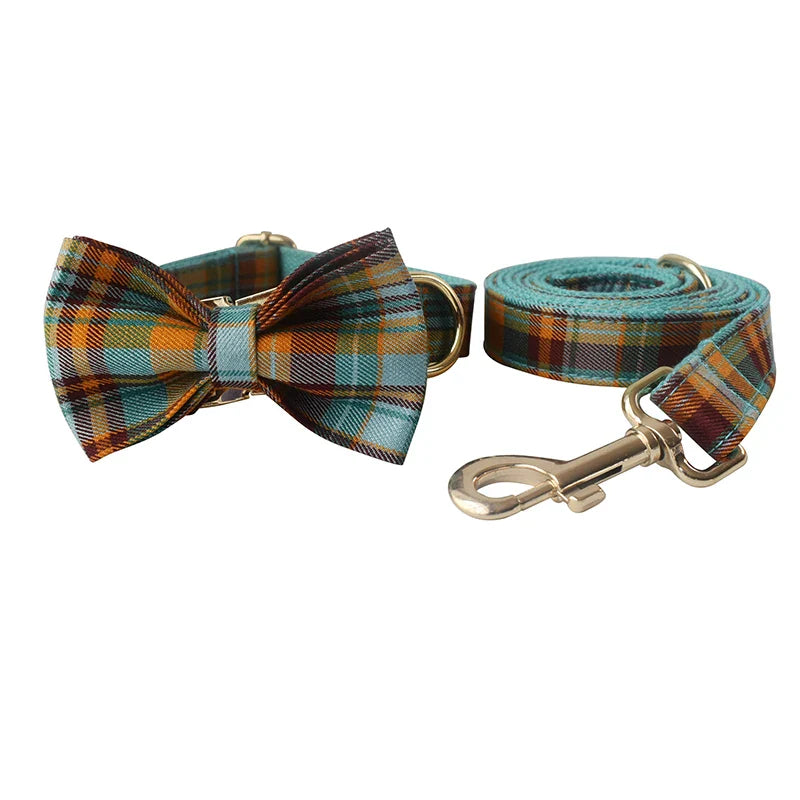 Handmade Tartan Tails Collection in Heather Green with Bow Tie, Engravable Luxury Pet Accessories, Grid Pattern Leash.