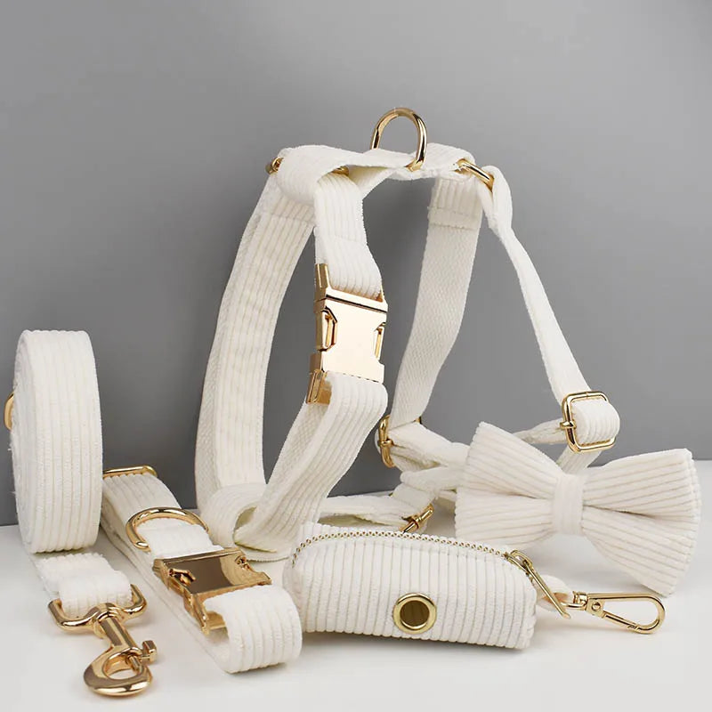 Luxury white corduroy dog collar, harness, and accessories set with gold hardware and bowtie.