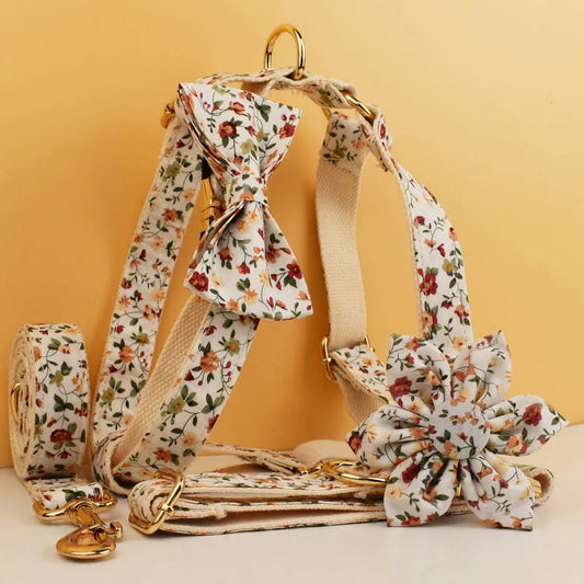 Floral dog harness with optional accessories, engravable, soft cotton, spring design.