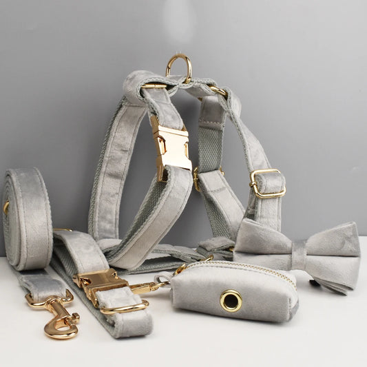 Handmade Velvet Fabric Collection | Engravable | Luxury Dog Accessories | Grey