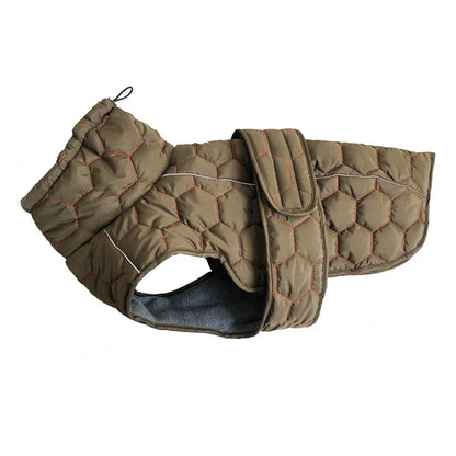 Warm and waterproof dog coat with reflective strips, adjustable fit, and hexagon quilted pattern in olive green.