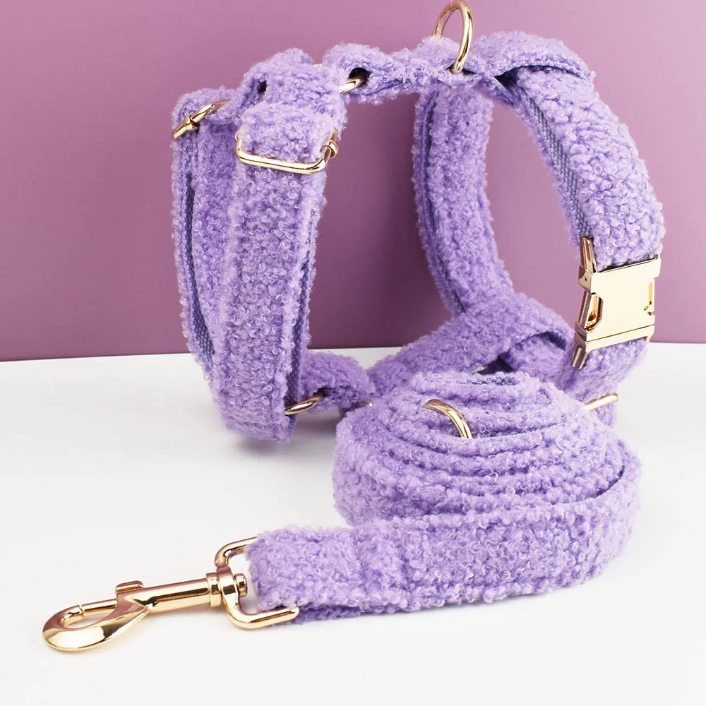 Lilac handmade teddy fabric dog harness and lead set with gold hardware.