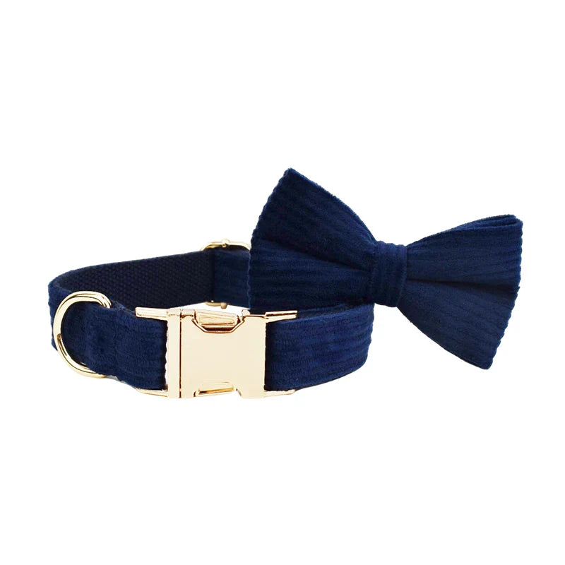 Midnight blue handmade corduroy fabric dog collar with bowtie and gold hardware.