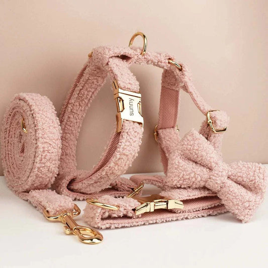 Handmade Teddy Fabric Collection in Pink with customisable pet accessories including harness, collar, lead, and bowtie.