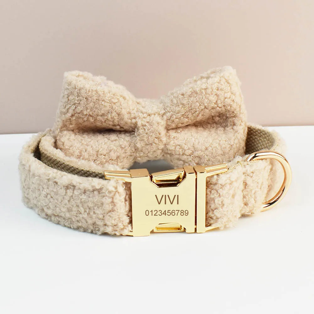 Handmade beige teddy fabric collar set with custom engraving and gold buckle, luxury pet accessory.