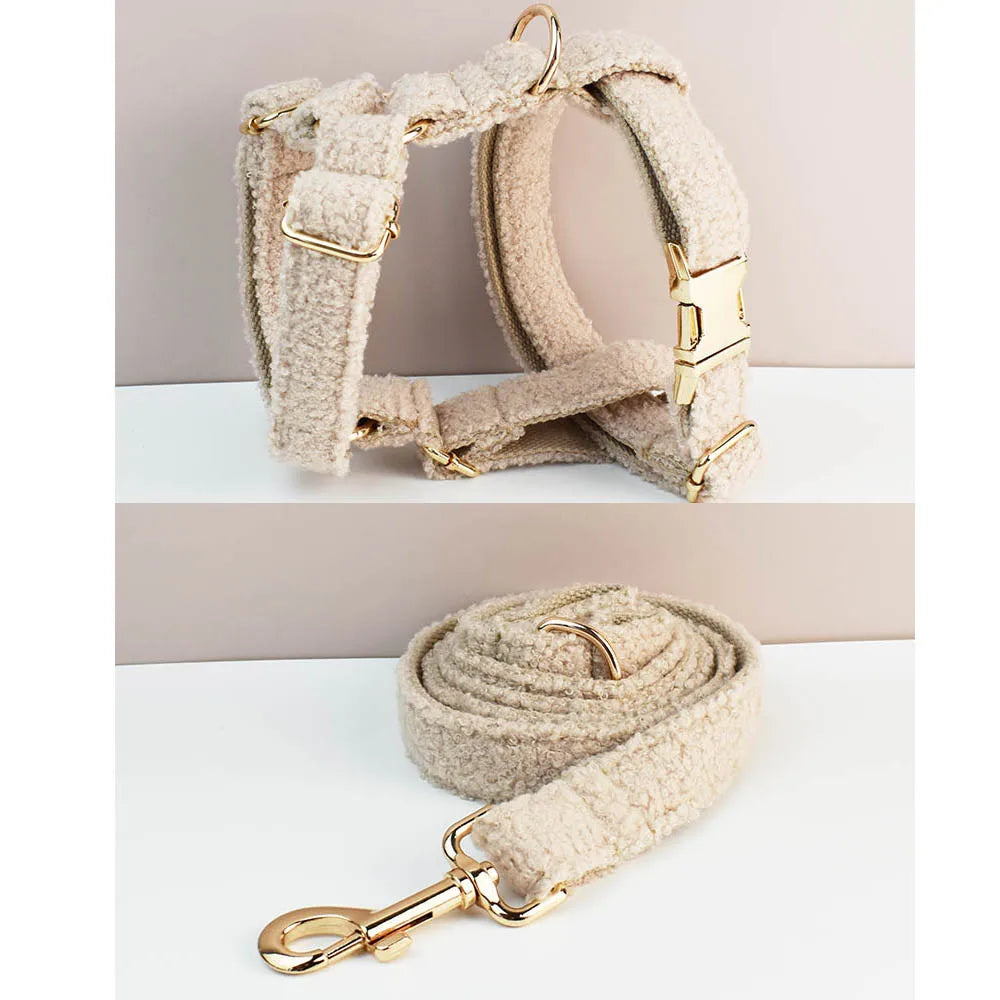 Luxury beige pet harness and leash from the Handmade Teddy Fabric Collection with gold hardware.