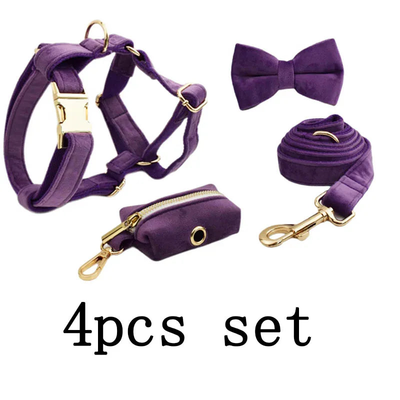 Luxury purple velvet dog collar set with engravable nameplate, includes harness, leash, and bow tie, perfect for all dog sizes.