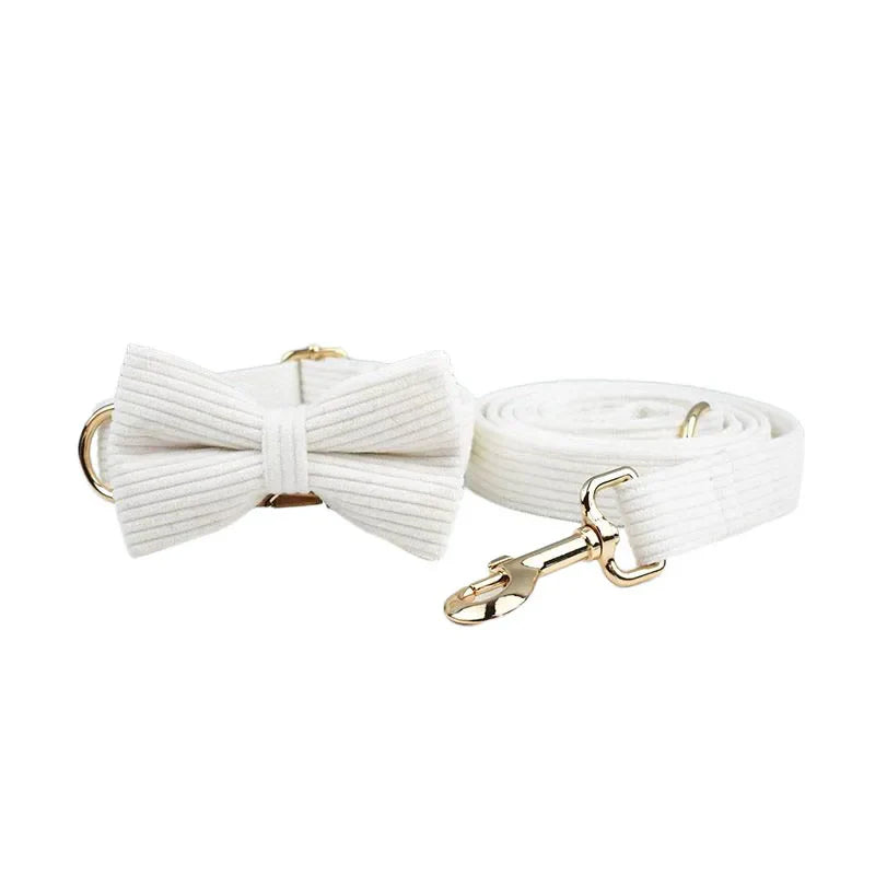 White corduroy dog collar with a matching bowtie and leash, luxurious pet accessory.