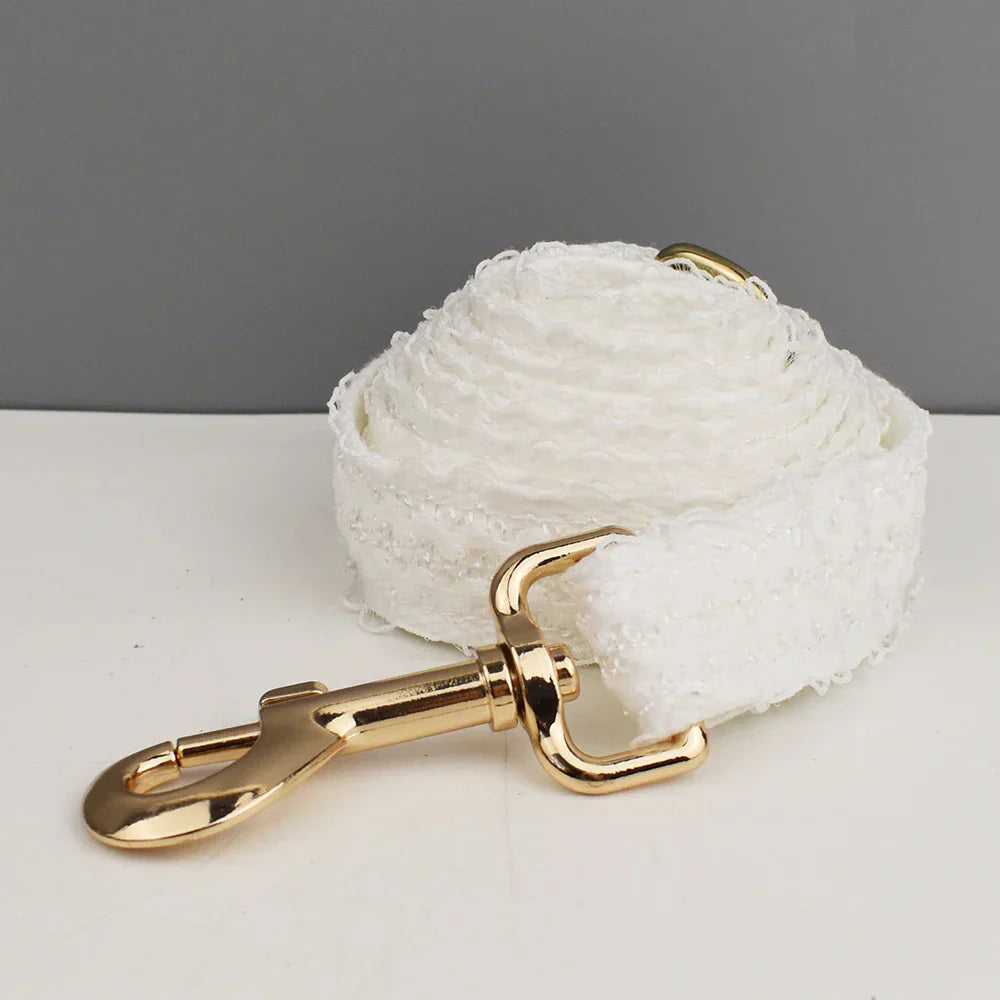 White lace dog leash with gold-tone hardware from the "Wedding Tails" collection, ideal for dog wedding attire.