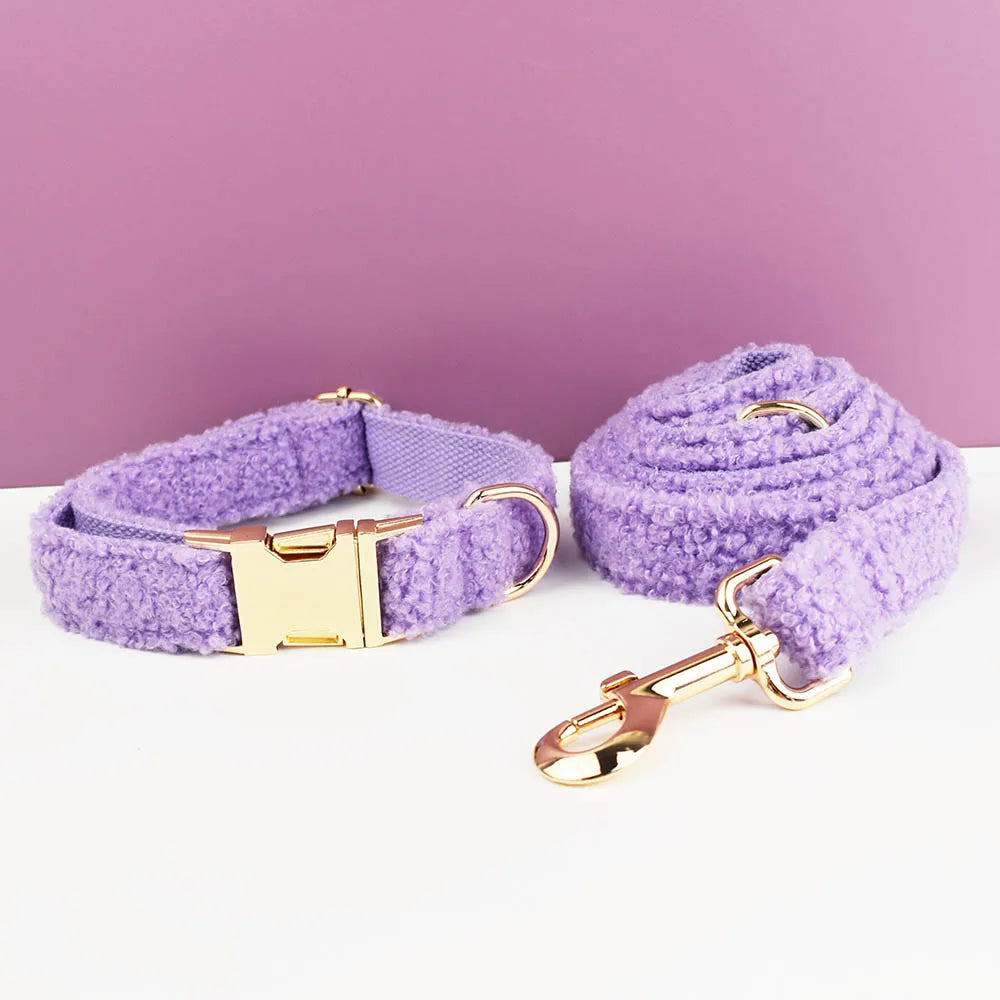 Lilac handmade teddy fabric pet accessories with gold hardware, featuring a soft collar and lead set.
