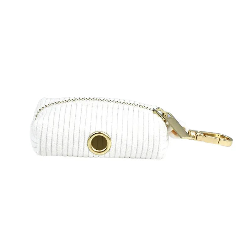 White corduroy dog collar with gold hardware; luxury pet accessory.