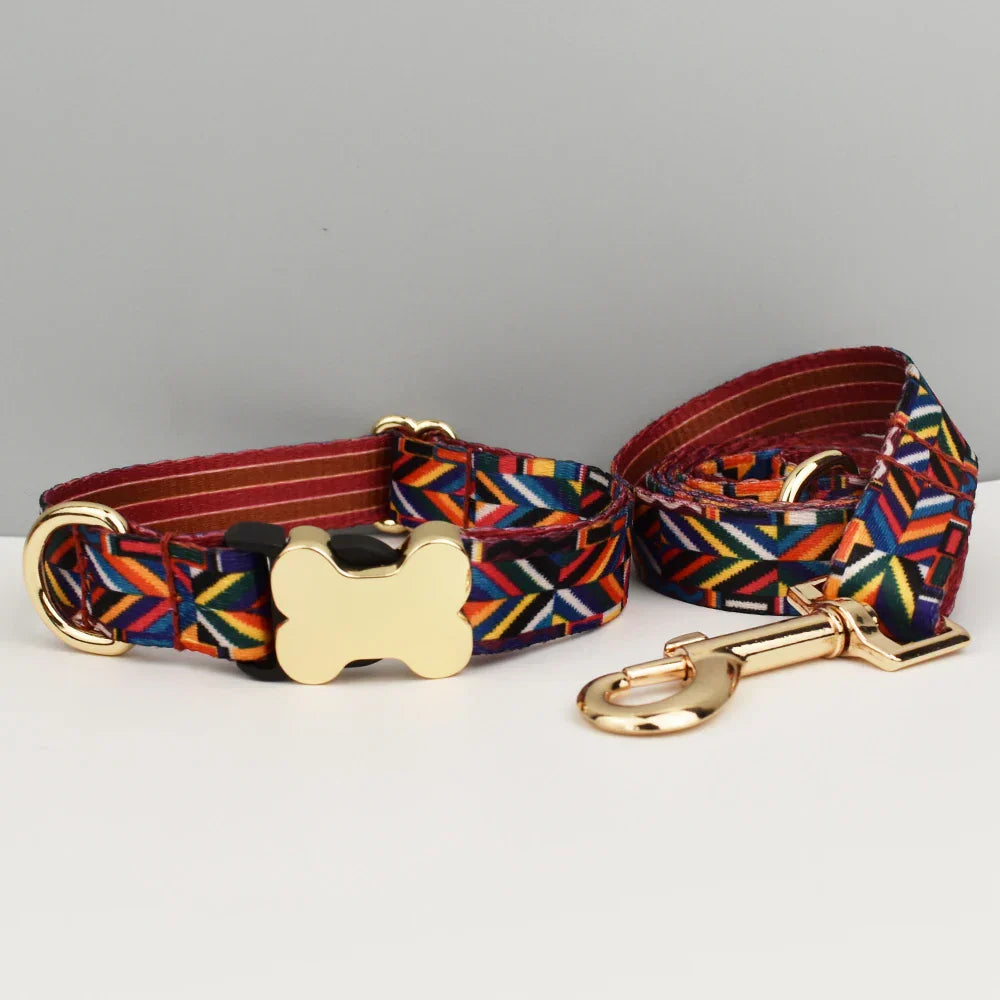 Ethnic style dog collar with custom engraved nameplate and matching leash for small to large dogs.