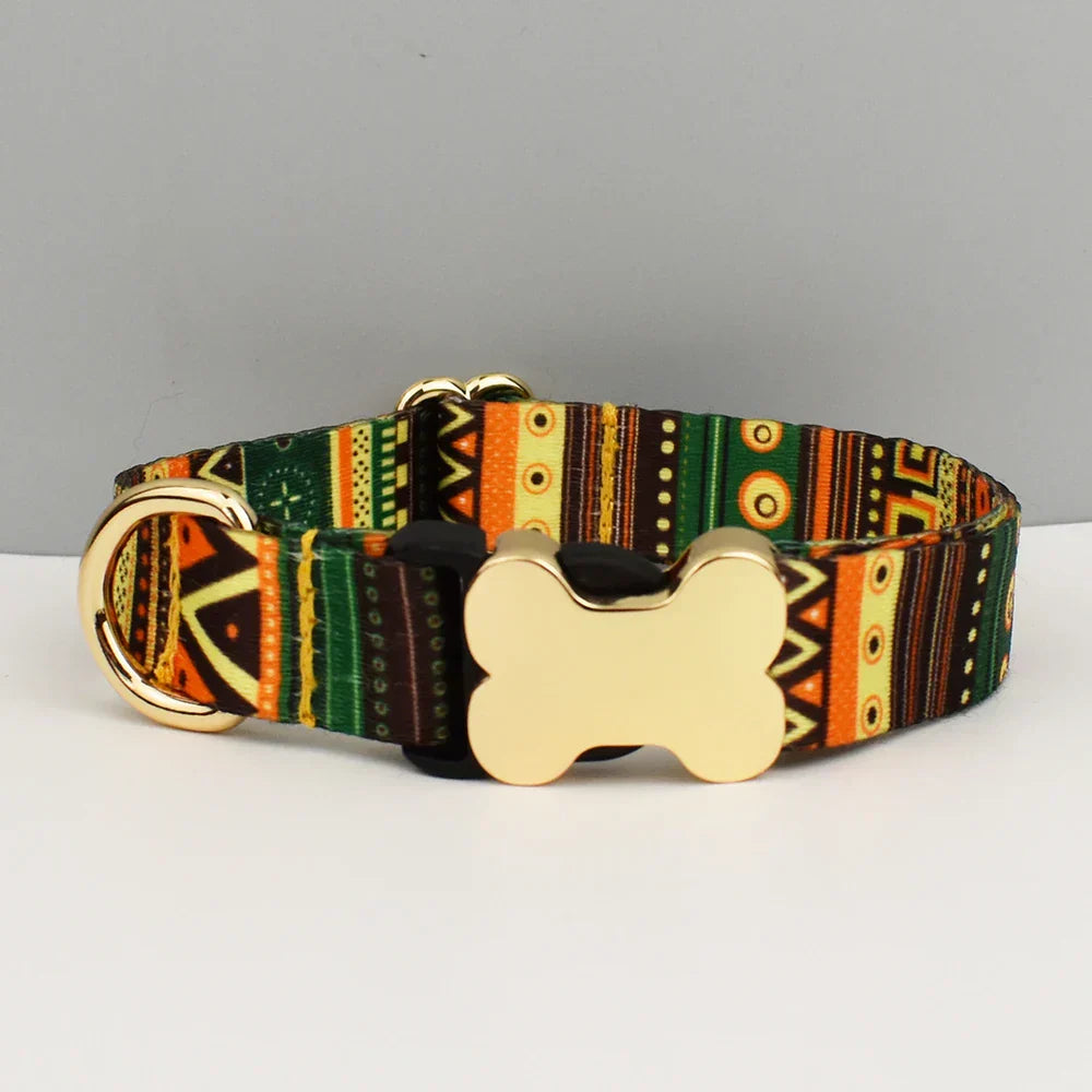 Ethnic style dog collar with custom engraved nameplate and quick-release feature.