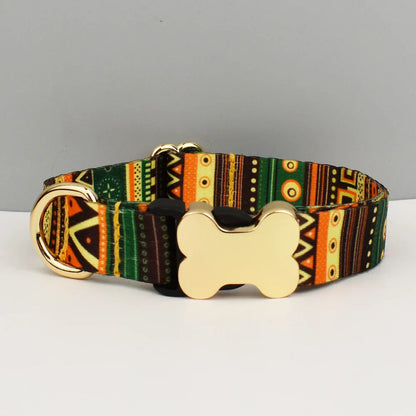 Ethnic style dog collar with custom engraved nameplate and quick-release feature.