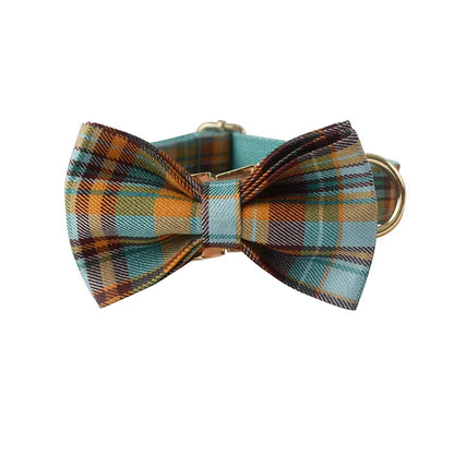 Luxury pet collar in tartan pattern with detachable bow tie, Heather Green.