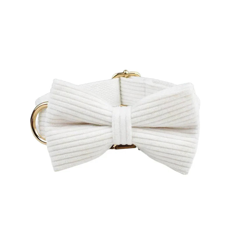 White corduroy dog collar with bowtie, luxurious handmade accessory, engravable option.